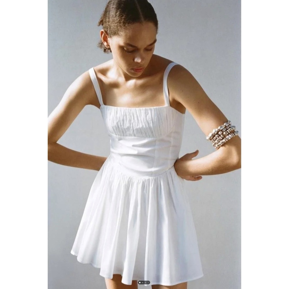 Zara | White Cotton Ruched Bust Basque Waist Mini Sun Dress XL Sleeveless Poplin